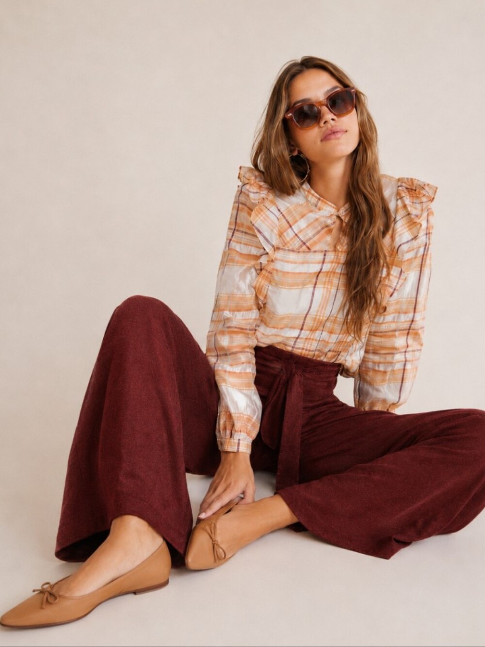 NWT! Anthropologie Current Air Ruffle Plaid Long Sleeve Blouse S